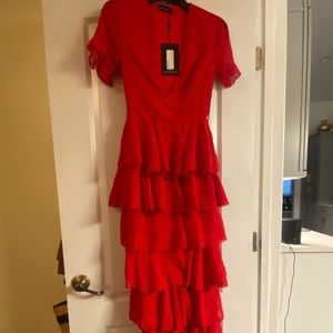 PLT Red Chiffon Ruffle Layer Maxi Dress